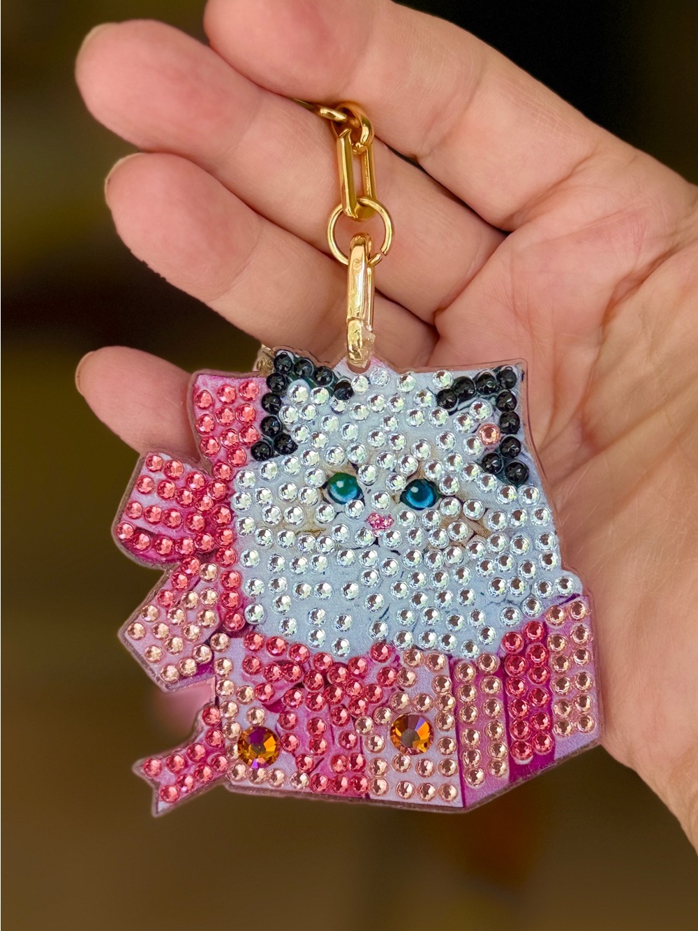 Handmade Double-Sided Rhinestone Cat Keychain with Crystal Accent & Pink Tassel - Picture 5 of 9